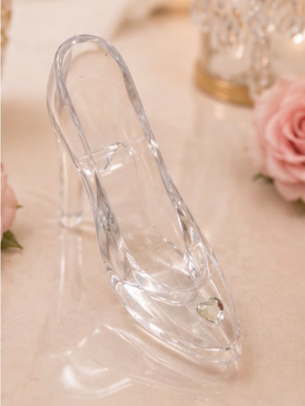 Clear Crystal Cinderella Shoe Decoration with Heart Accent - Clear
